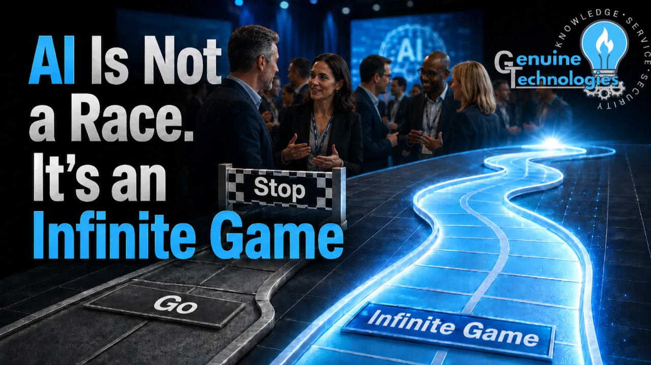 Business people talking at a conference beside a stop sign on a race track and a glowing path labeled infinite game
