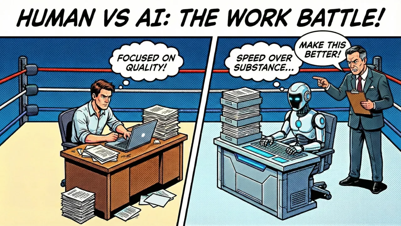 Comic panel of a human and a robot working at desks in a boxing ring while a manager demands more
