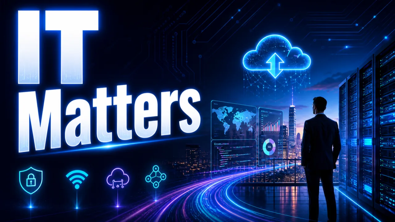 IT Matters: a professional looks over a city skyline with cloud, security, and network icons