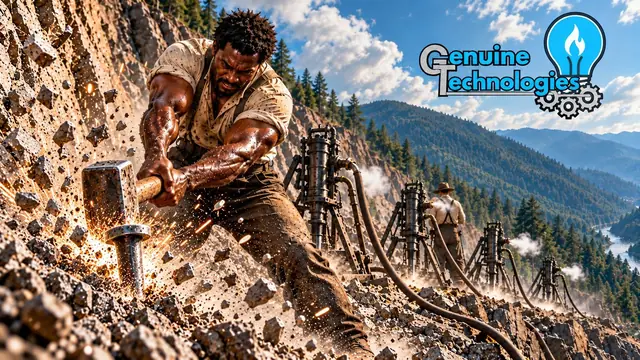 John Henry swings a sledgehammer into a mountainside while a line of steam drills works the rock beside him