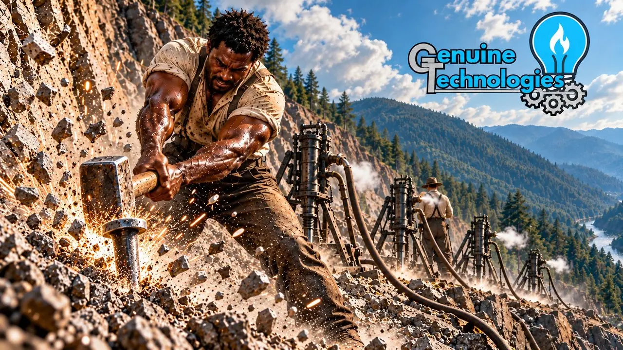 John Henry swings a sledgehammer into a mountainside while a line of steam drills works the rock beside him