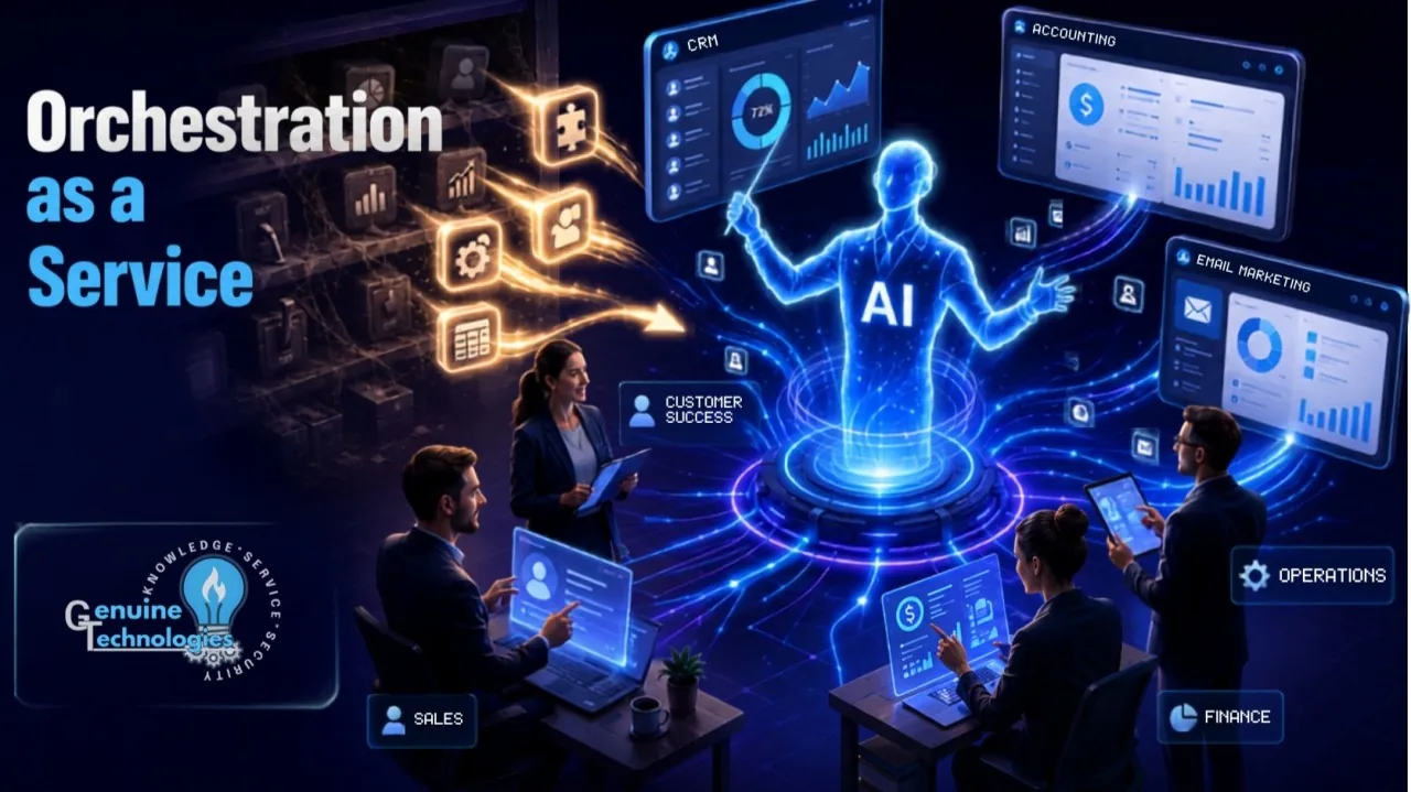 An AI conductor orchestrating CRM, accounting, and email marketing screens for a business team