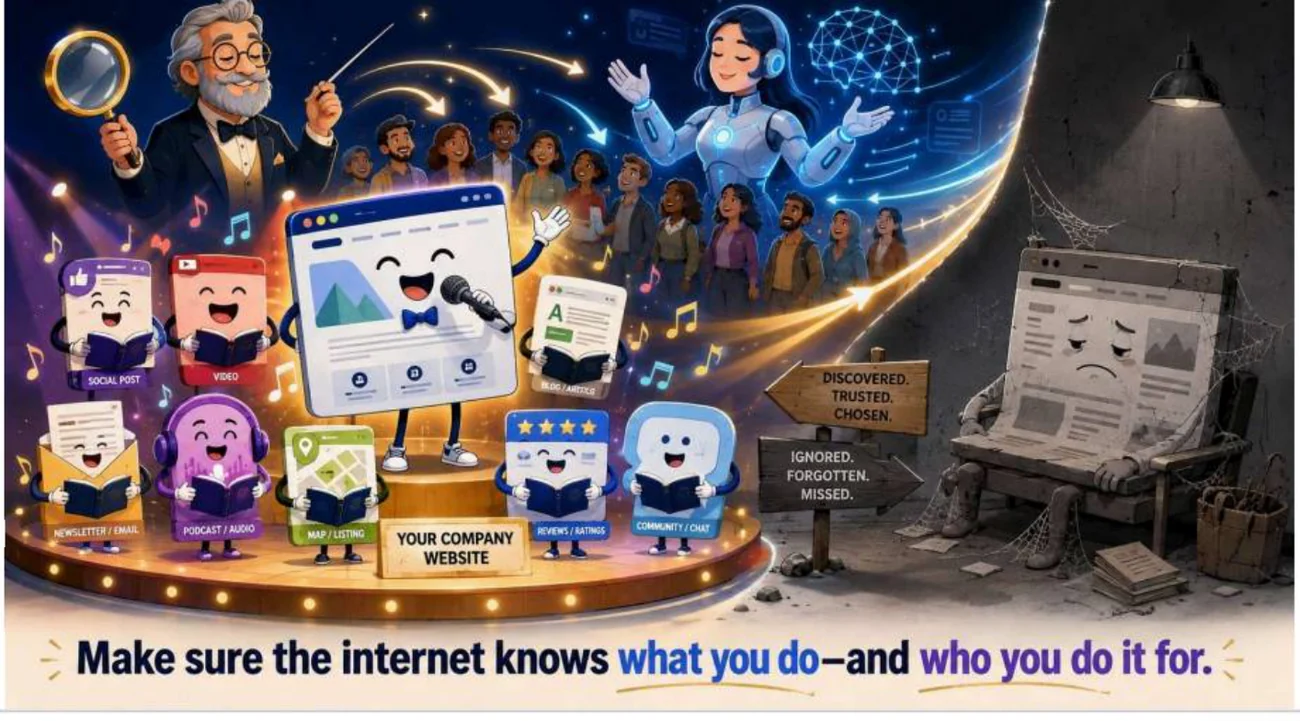 A website, social posts, video, reviews and community singing together on a lit stage while a forgotten website sits in the dark, the difference AI search visibility makes