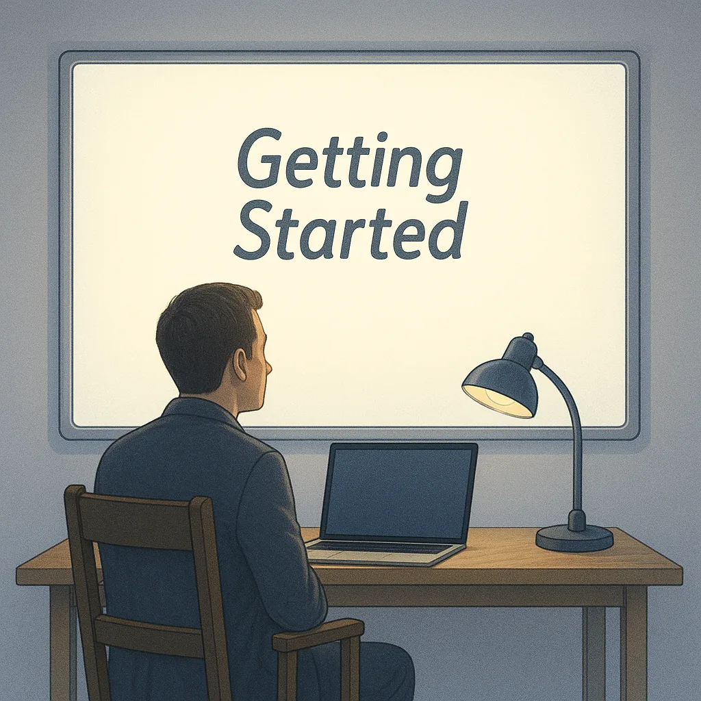 Getting Started podcast artwork: a person at a desk with a laptop facing a bright screen that reads Getting Started