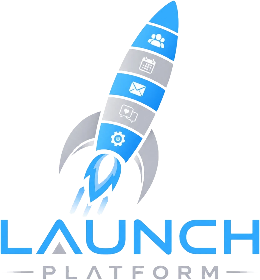 Launch Platform logo, integrated marketing software for growing businesses: a rocket banded with marketing tool icons