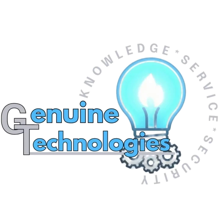 Genuine Technologies logo: a lit bulb turning three gears, ringed by knowledge, service, security