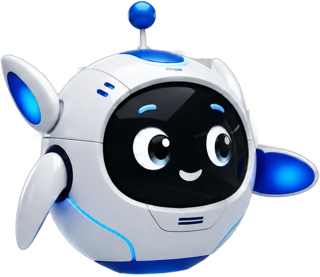 Orbit, the Genuine Technologies AI helper: a friendly white and blue floating robot