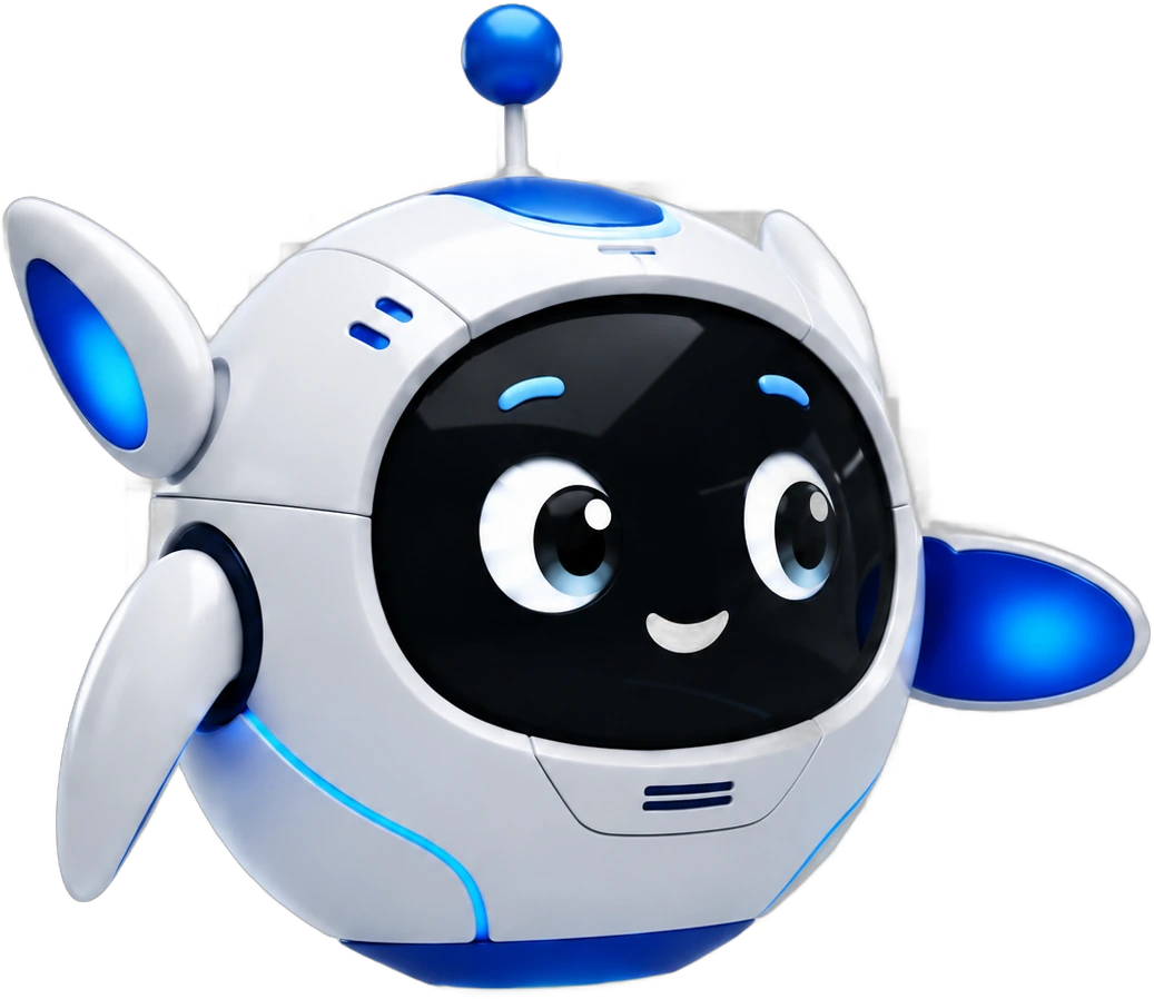 Orbit, the Genuine Technologies AI helper: a friendly white and blue floating robot